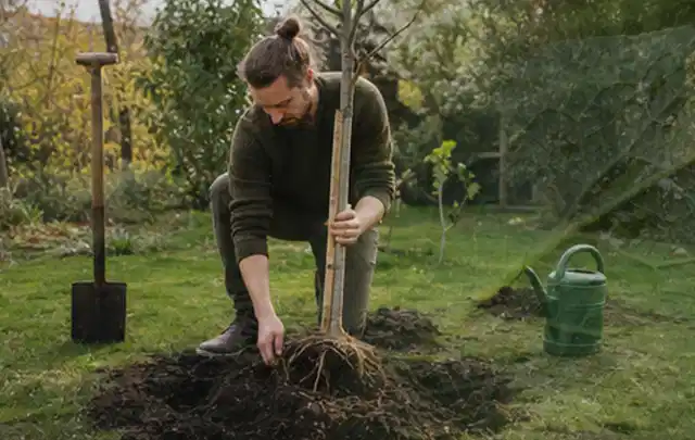 Person setzt einen jungen Zierbaum in ein vorbereitetes Pflanzloch im Garten; Thema Kakteen, Schwerpunkt Gartenpraxis; Kontrolle.