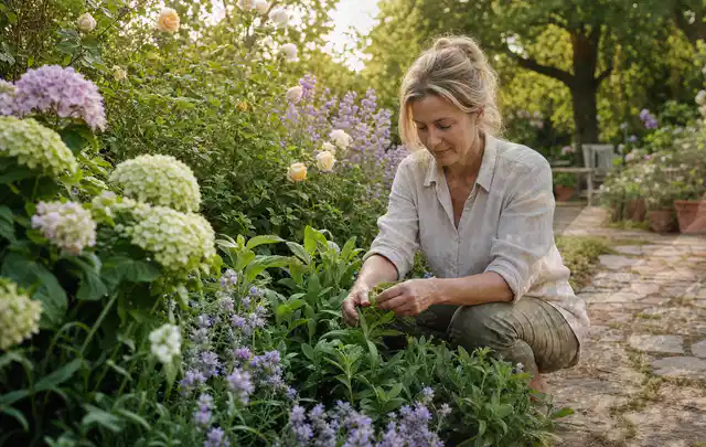 Person pflegt üppige Pflanzen in einem natürlich beleuchteten Garten; Thema Kakteen, Schwerpunkt Jahrespflege; Umsetzung.
