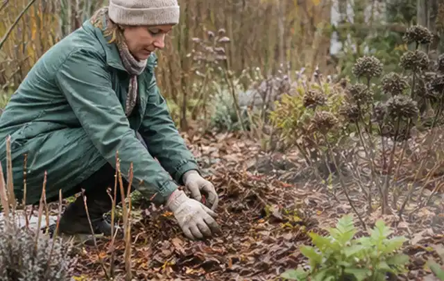 Person verteilt eine schützende Mulchschicht zwischen winterlichen Stauden; Thema Kakteen, Schwerpunkt Jahrespflege; Kontrolle.