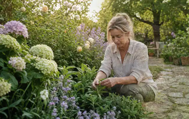 Person pflegt üppige Pflanzen in einem natürlich beleuchteten Garten; Thema Kakteen, Schwerpunkt Pflanzen; Kontrolle.