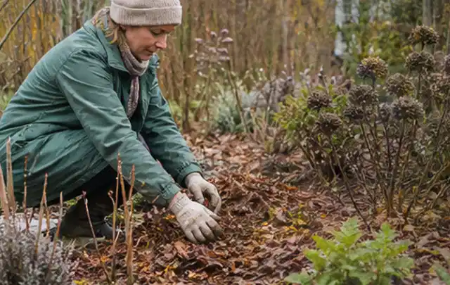 Person verteilt eine schützende Mulchschicht zwischen winterlichen Stauden; Thema Kakteen, Schwerpunkt Pflanzen; Ergebnis.