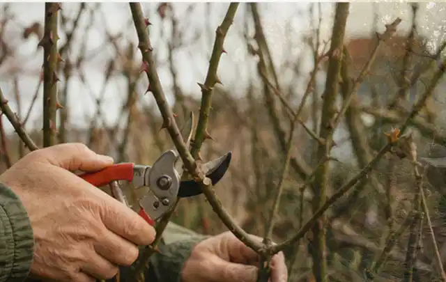 Hände schneiden einen älteren Rosenstrauch mit einer sauberen Gartenschere; Thema Kakteen, Schwerpunkt Pflanzengesundheit; Umsetzung.