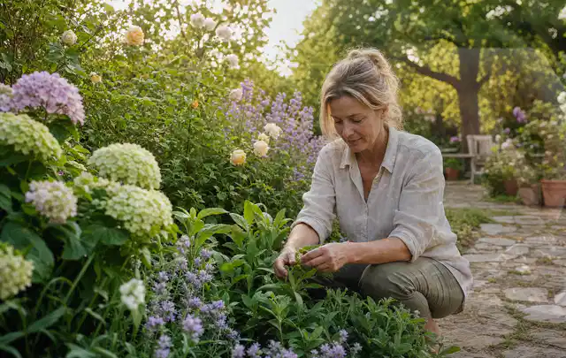 Person pflegt üppige Pflanzen in einem natürlich beleuchteten Garten; Thema Kakteen, Schwerpunkt Pflanzenschutz; Ausgangslage.