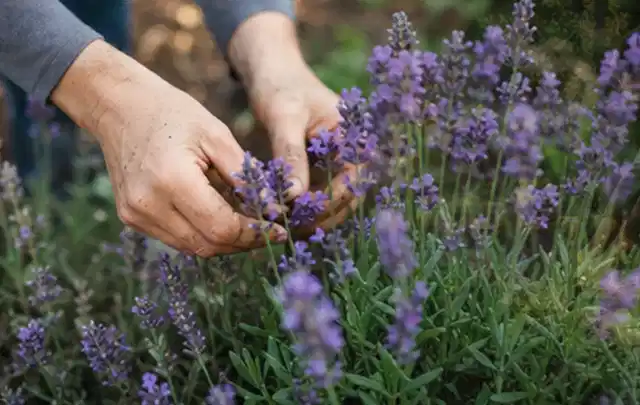 Hände pflegen blühenden Lavendel in einem natürlich angelegten Gartenbeet; Thema Kakteen, Schwerpunkt Pflanzenschutz; Ergebnis.