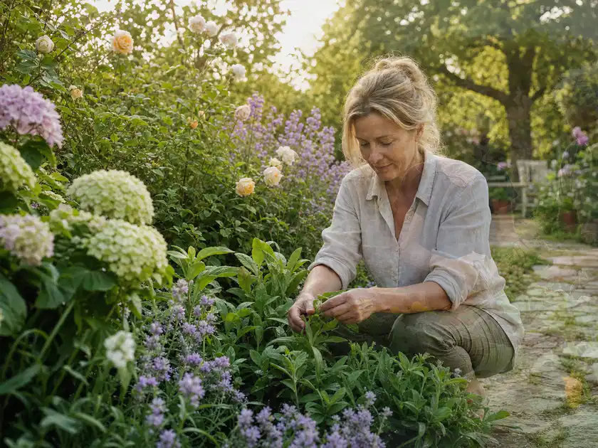 Person pflegt üppige Pflanzen in einem natürlich beleuchteten Garten; Thema Kakteen, Schwerpunkt Problemlösung; Titelbild.
