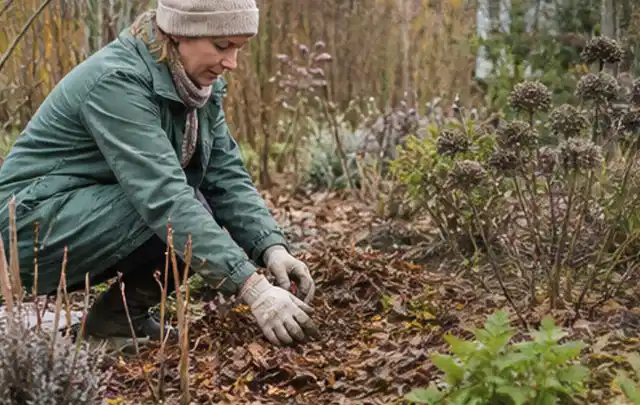 Person verteilt eine schützende Mulchschicht zwischen winterlichen Stauden; Thema Kakteen, Schwerpunkt Problemlösung; Umsetzung.