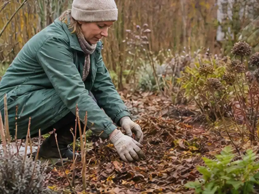 Person verteilt eine schützende Mulchschicht zwischen winterlichen Stauden; Thema Kakteen, Schwerpunkt Rückschnitt; Titelbild.
