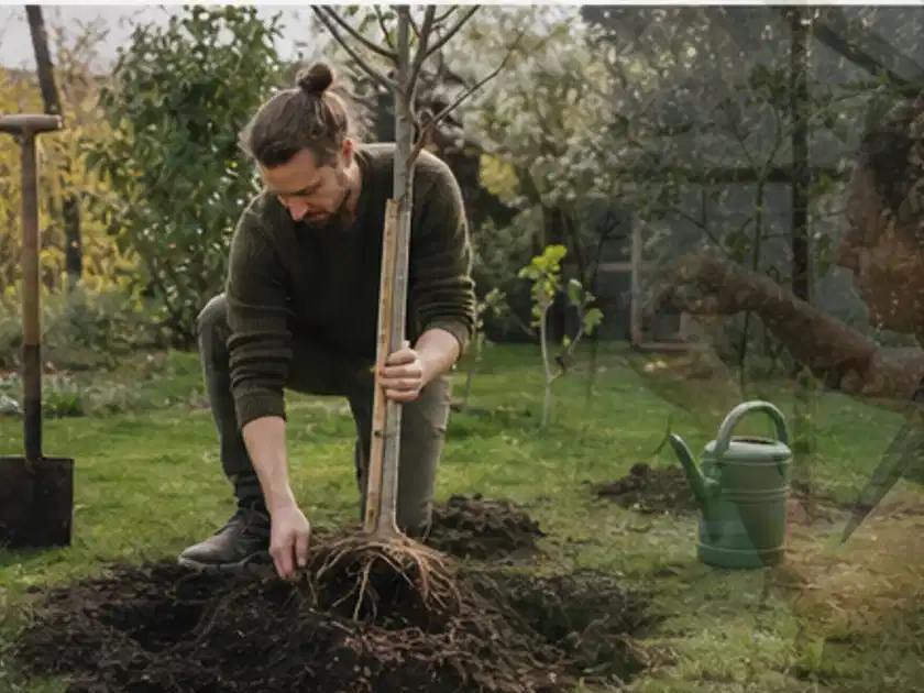 Person setzt einen jungen Zierbaum in ein vorbereitetes Pflanzloch im Garten; Thema Kakteen, Schwerpunkt Sortenwahl; Titelbild.