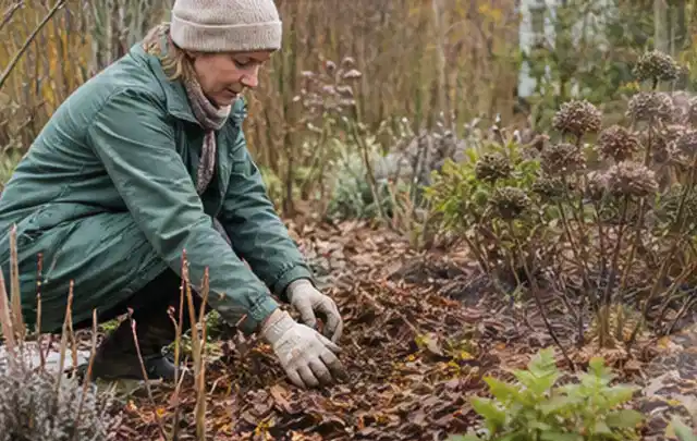 Person verteilt eine schützende Mulchschicht zwischen winterlichen Stauden; Thema Kakteen, Schwerpunkt Sortenwahl; Praxisalltag.