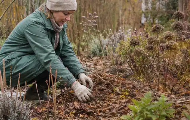 Person verteilt eine schützende Mulchschicht zwischen winterlichen Stauden; Thema Kakteen, Schwerpunkt Vermehrung; Umsetzung.