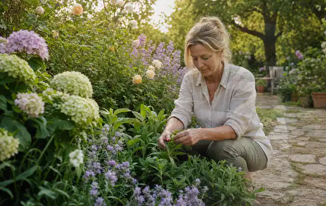 Person pflegt üppige Pflanzen in einem natürlich beleuchteten Garten; Thema Kakteen, Schwerpunkt Wachstum; Ausgangslage.