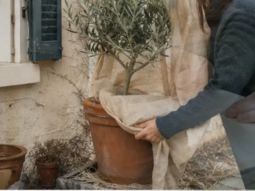 Person umhüllt eine mediterrane Kübelpflanze mit atmungsaktivem Winterschutz; Thema Kakteen, Schwerpunkt Winterpflege; Titelbild.