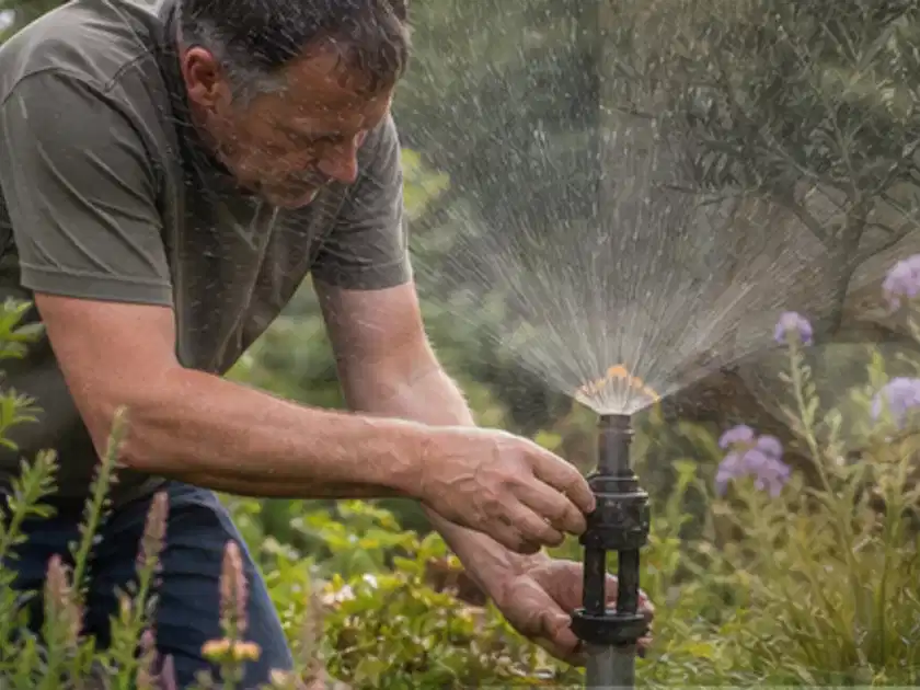 Person richtet einen laufenden Gartensprenger zwischen Stauden präzise aus; Thema Kartoffeln, Schwerpunkt Bewässerung; Titelbild.