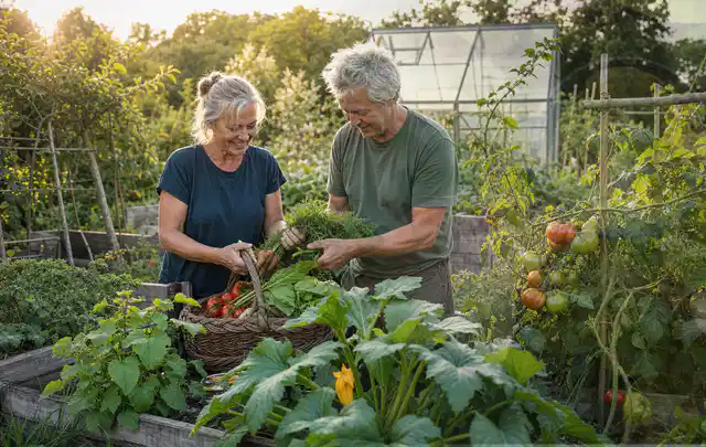 Zwei Personen ernten gemeinsam Gemüse in einem sonnigen Nutzgarten; Thema Kartoffeln, Schwerpunkt Ernte; Umsetzung.