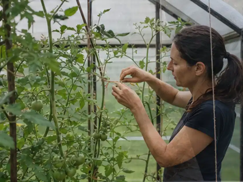 Person bindet junge Tomatentriebe in einem privaten Gewächshaus vorsichtig an; Thema Kartoffeln, Schwerpunkt Fehlerhilfe; Titelbild.