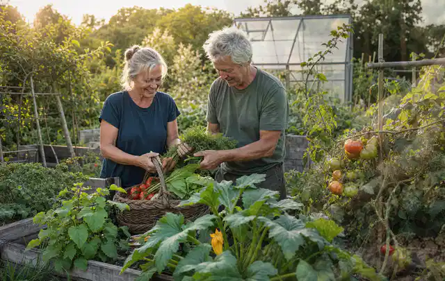 Zwei Personen ernten gemeinsam Gemüse in einem sonnigen Nutzgarten; Thema Kartoffeln, Schwerpunkt Fehlerhilfe; Ergebnis.