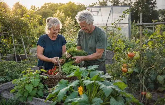 Zwei Personen ernten gemeinsam Gemüse in einem sonnigen Nutzgarten; Thema Kartoffeln, Schwerpunkt Gewächshaus; Praxisalltag.