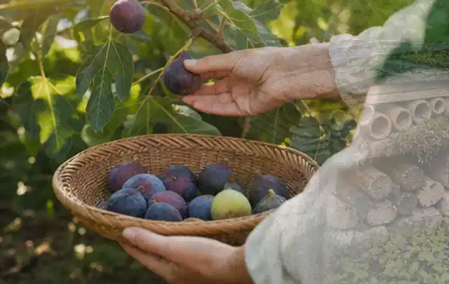 Hand pflückt eine reife Feige über einem flachen Korb mit Früchten; Thema Kartoffeln, Schwerpunkt Hochbeet; Umsetzung.