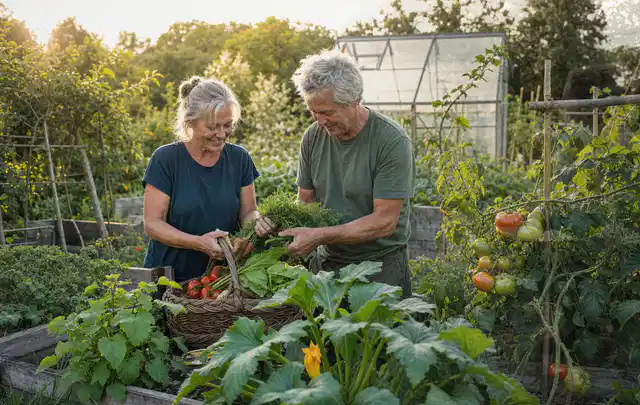 Zwei Personen ernten gemeinsam Gemüse in einem sonnigen Nutzgarten; Thema Kartoffeln, Schwerpunkt Pflanzung; Ergebnis.