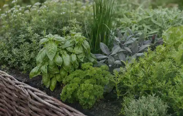 Dichtes Hochbeet mit Basilikum Schnittlauch Petersilie Salbei und weiteren Küchenkräutern; Thema Kartoffeln, Schwerpunkt Saisonkalender; Umsetzung.