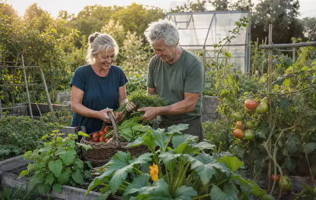 Zwei Personen ernten gemeinsam Gemüse in einem sonnigen Nutzgarten; Thema Kartoffeln, Schwerpunkt Saisonkalender; Praxisalltag.