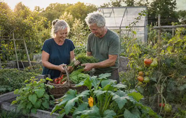 Zwei Personen ernten gemeinsam Gemüse in einem sonnigen Nutzgarten; Thema Kartoffeln, Schwerpunkt Sortenwahl; Umsetzung.