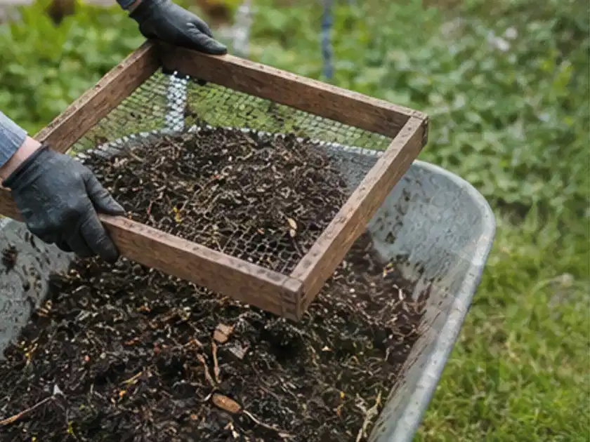 Behandschuhte Hände sieben reifen Kompost über einer Gartenschubkarre; Thema Kartoffeln, Schwerpunkt Standort; Titelbild.