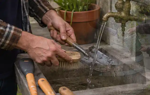 Hände reinigen gebrauchte Gartengeräte mit Bürste und Wasser am Außenbecken; Thema Kaufberatung, Schwerpunkt Mähroboter; Kontrolle.