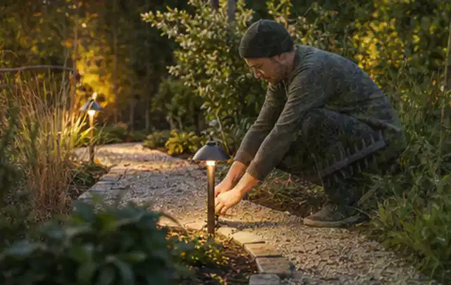 Person richtet eine niedrige warm leuchtende Gartenlampe am Kiesweg aus; Thema Kaufberatung, Schwerpunkt Mähroboter; Ergebnis.