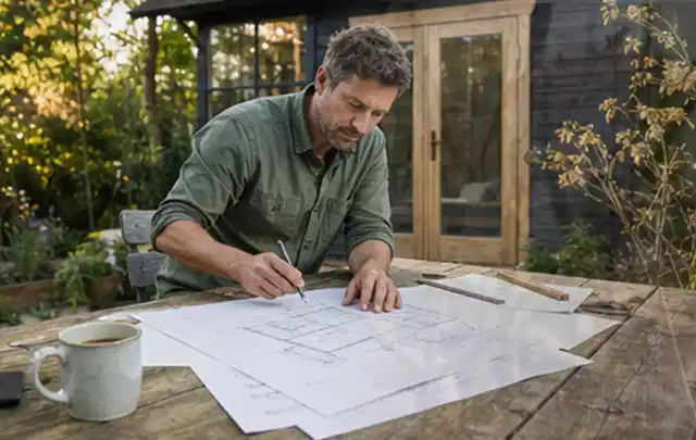 Person prüft Bauzeichnungen an einem Gartentisch vor einem kleinen Gartenhaus; Thema Kaufempfehlung, Schwerpunkt Produktberatung; Umsetzung.