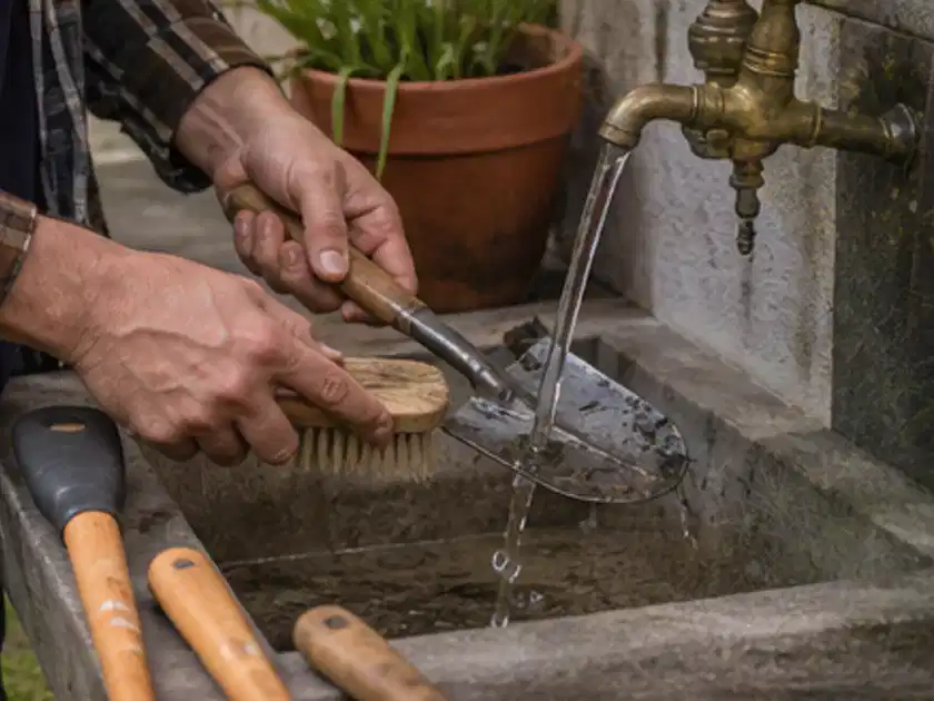 Hände reinigen gebrauchte Gartengeräte mit Bürste und Wasser am Außenbecken; Thema Kettensägen, Schwerpunkt Bestenliste; Titelbild.