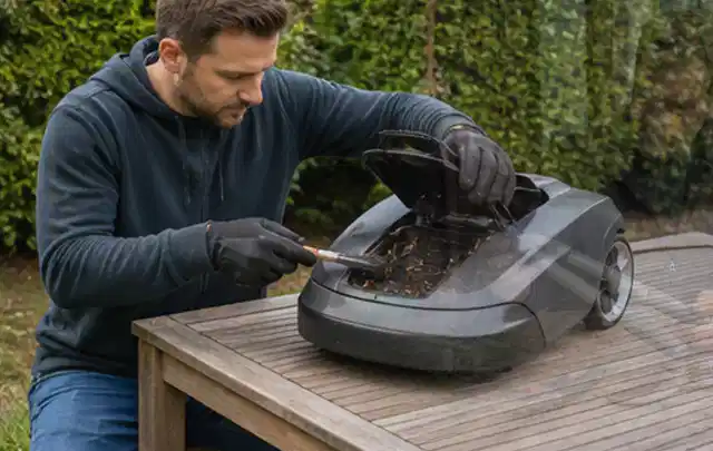 Person wartet einen geöffneten Mähroboter auf einem stabilen Gartentisch; Thema Kettensägen, Schwerpunkt Checkliste; Ausgangslage.