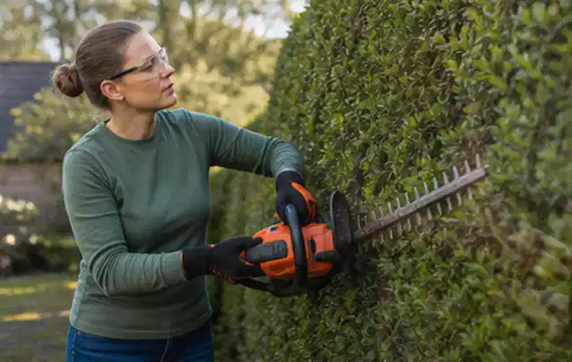 Person schneidet eine dichte Gartenhecke mit Schutzbrille und sicherem Stand; Thema Kettensägen, Schwerpunkt Checkliste; Umsetzung.