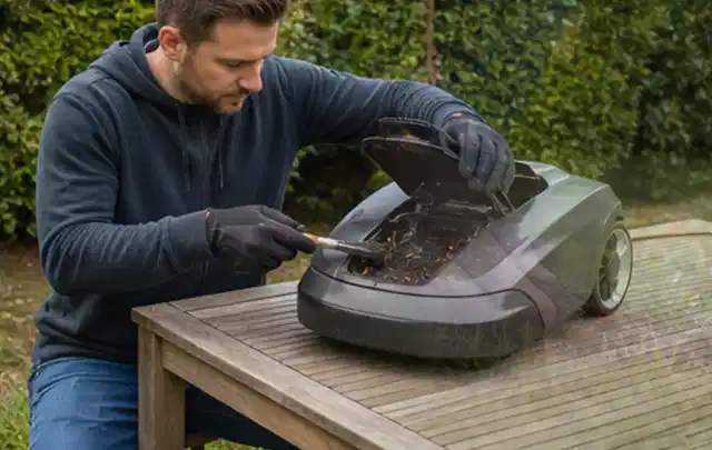 Person wartet einen geöffneten Mähroboter auf einem stabilen Gartentisch; Thema Kettensägen, Schwerpunkt Dimensionierung; Ergebnis.