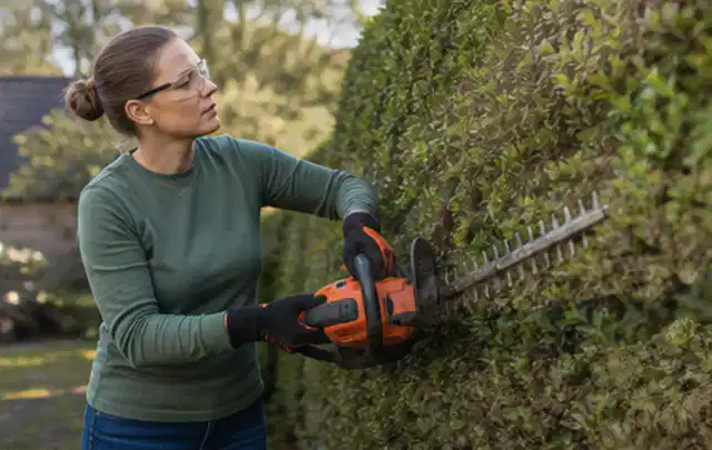 Person schneidet eine dichte Gartenhecke mit Schutzbrille und sicherem Stand; Thema Kettensägen, Schwerpunkt Ersatzteile; Praxisalltag.