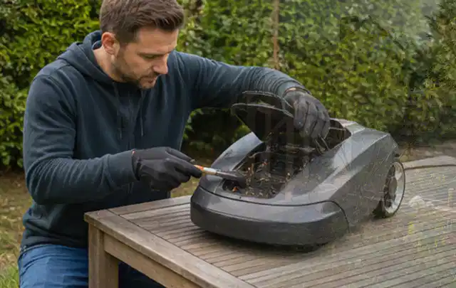 Person wartet einen geöffneten Mähroboter auf einem stabilen Gartentisch; Thema Kettensägen, Schwerpunkt Fehlerhilfe; Praxisalltag.