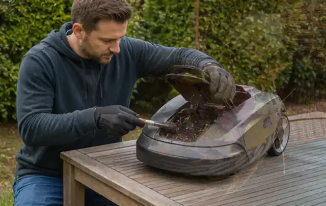 Person wartet einen geöffneten Mähroboter auf einem stabilen Gartentisch; Thema Kettensägen, Schwerpunkt Gärten mit kleiner Fläche; Ergebnis.