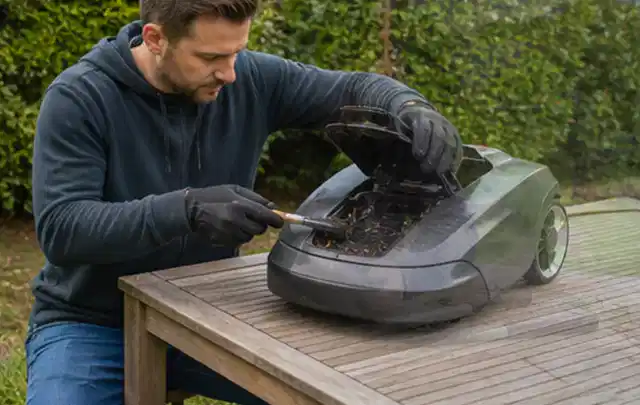 Person wartet einen geöffneten Mähroboter auf einem stabilen Gartentisch; Thema Kettensägen, Schwerpunkt Gartengeräte; Ergebnis.