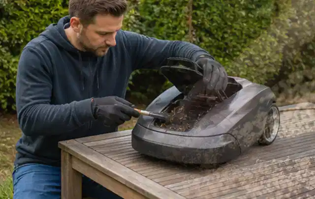 Person wartet einen geöffneten Mähroboter auf einem stabilen Gartentisch; Thema Kettensägen, Schwerpunkt Kaufberatung; Kontrolle.