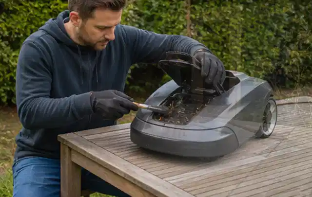 Person wartet einen geöffneten Mähroboter auf einem stabilen Gartentisch; Thema Kettensägen, Schwerpunkt Kosten; Praxisalltag.