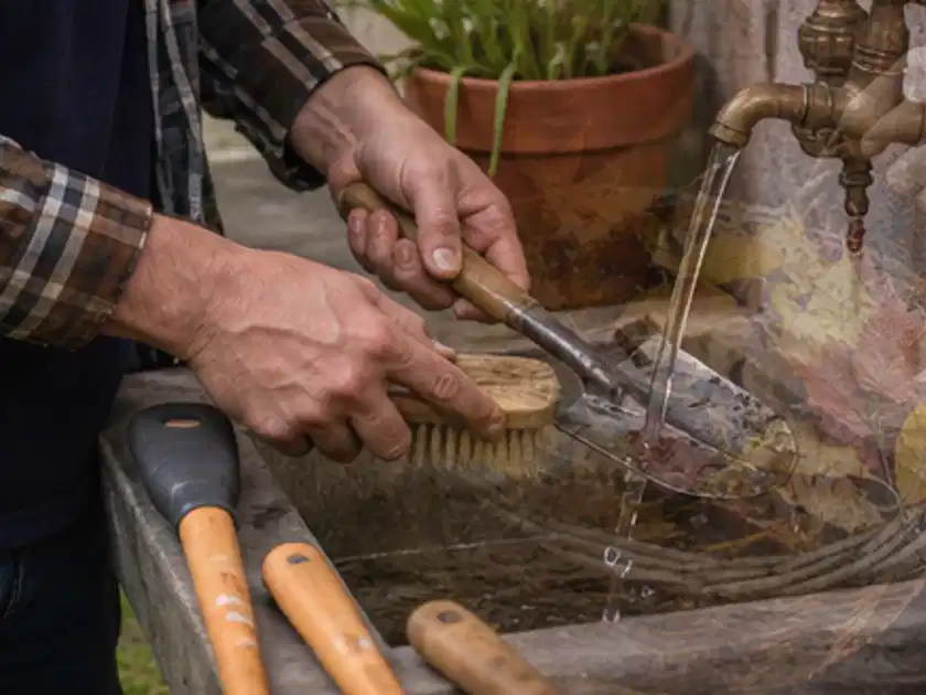 Hände reinigen gebrauchte Gartengeräte mit Bürste und Wasser am Außenbecken; Thema Kettensägen, Schwerpunkt Reinigung; Titelbild.