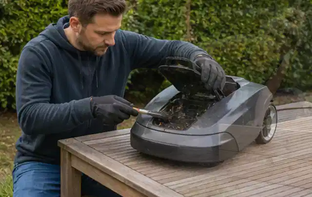 Person wartet einen geöffneten Mähroboter auf einem stabilen Gartentisch; Thema Kettensägen, Schwerpunkt Reinigung; Kontrolle.