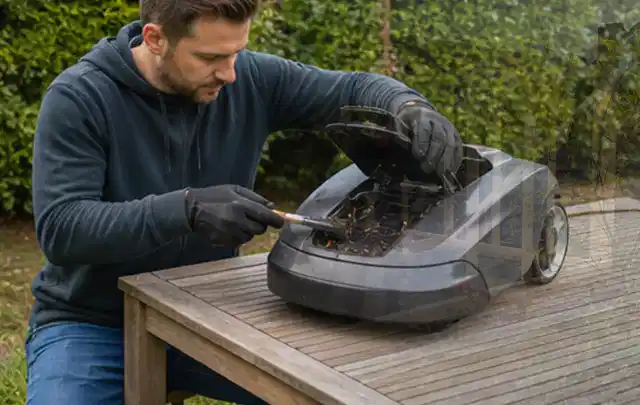 Person wartet einen geöffneten Mähroboter auf einem stabilen Gartentisch; Thema Kettensägen, Schwerpunkt Reparatur; Ausgangslage.