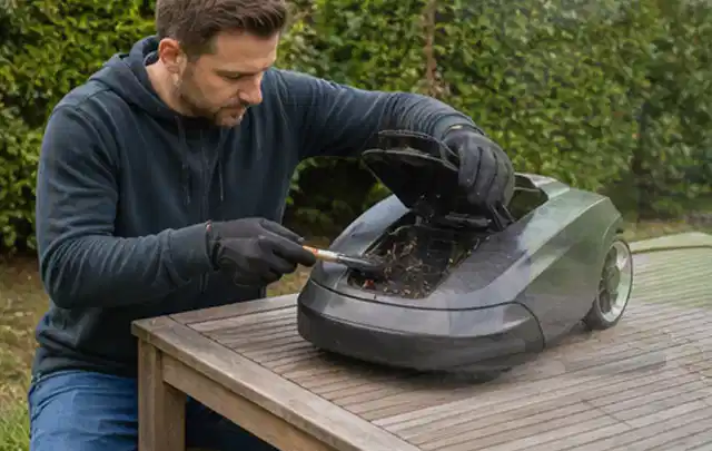 Person wartet einen geöffneten Mähroboter auf einem stabilen Gartentisch; Thema Kettensägen, Schwerpunkt Sicherheit; Umsetzung.