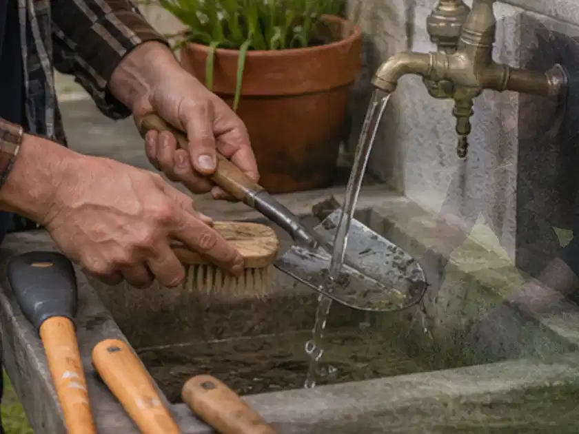 Hände reinigen gebrauchte Gartengeräte mit Bürste und Wasser am Außenbecken; Thema Kettensägen, Schwerpunkt Testkriterien; Titelbild.