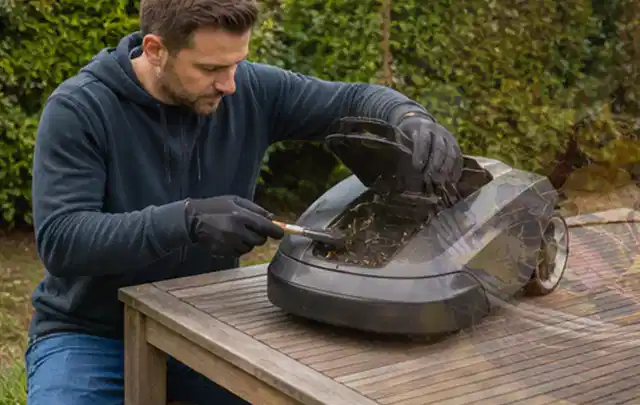 Person wartet einen geöffneten Mähroboter auf einem stabilen Gartentisch; Thema Kettensägen, Schwerpunkt Testkriterien; Kontrolle.
