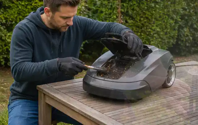 Person wartet einen geöffneten Mähroboter auf einem stabilen Gartentisch; Thema Kettensägen, Schwerpunkt Vergleich; Ergebnis.