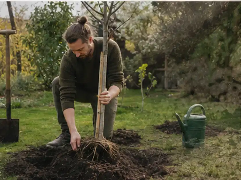 Person setzt einen jungen Zierbaum in ein vorbereitetes Pflanzloch im Garten; Thema Kirschbäume, Schwerpunkt Aussaat; Titelbild.