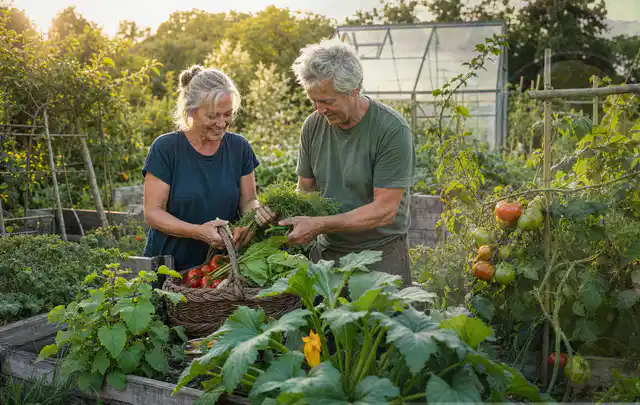 Zwei Personen ernten gemeinsam Gemüse in einem sonnigen Nutzgarten; Thema Kirschbäume, Schwerpunkt Bewässerung; Kontrolle.