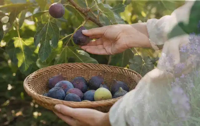 Hand pflückt eine reife Feige über einem flachen Korb mit Früchten; Thema Kirschbäume, Schwerpunkt Boden; Ergebnis.